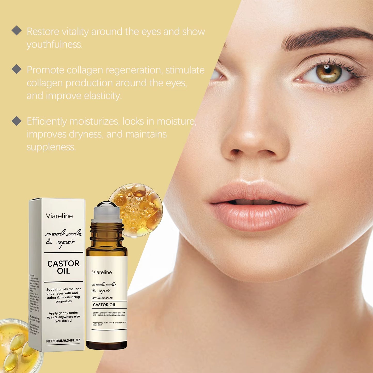 Castor Oil Eye Serum Lighten Wrinkle Remove Dark Circles Eye Bags anti Puffiness Nourish Skin Eye Lifting Firming Massage Roller
