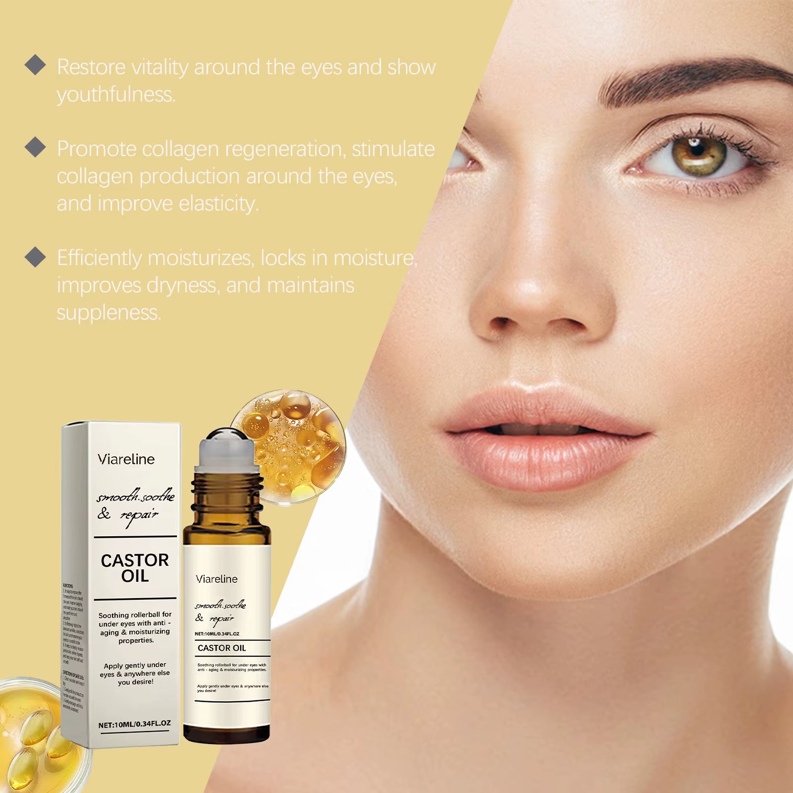 Castor Oil Eye Serum Lighten Wrinkle Remove Dark Circles Eye Bags anti Puffiness Nourish Skin Eye Lifting Firming Massage Roller